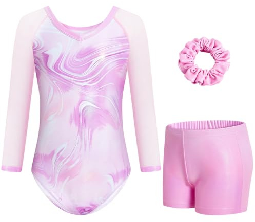 Gogokids Mädchen 3-teilige V-Ausschnitt Turnanzüge, 3/4-Arm Turnoutfit mit Netz Splicing Design, Funkelnde Turnbekleidung für Mädchen mit Shorts und Haarband für Alter 11-12 und als Turngeschenk