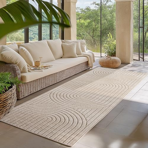 HomebyHome Kurzflor Teppich Läufer 80x150 cm Beige Wohnzimmer Schlafzimmer 3D Skandinavisch Boho Motiv, Outdoor Terrassen oder im Balkon