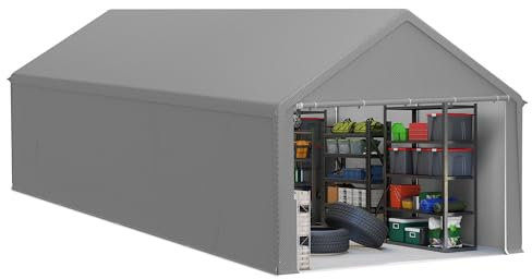 LZQ Tenda da magazzino, 4 x 8 m, tenda per attrezzature, casetta degli attrezzi e garage con robusto telo in polietilene, resistente alle intemperie, con rinforzo sul tetto e telaio per attrezzi