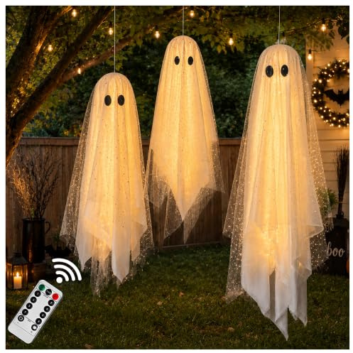 AYGXU Halloween Decorations outdoor/indoor-3pcs Hanging Ghost Decor with Light,Halloween Ornaments,Hallowee n Decor for Porch,Tree,Yard,Window,Garden