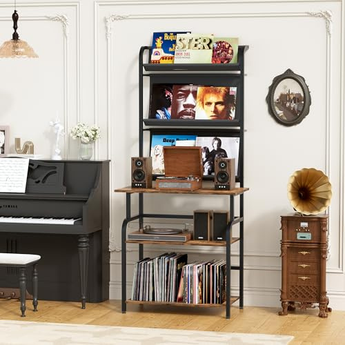 6 Pisos Soporte Tocadiscos Vinilo, Vinilos Discos Almacenamiento con 3 Pisos Expositor Discos Vinilo, Grande Soporte para Tocadiscos con Capacidad para 300 Discos, Ampliar el escritorio,78x169x38 cm