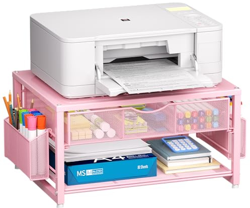 Marbrasse 2-Tier Printer Stand and Storage,Monitor Stand with Drawer and 2 Pen Holders,Metal Office Supplies Organiser,Multi-Purpose Desk Organizer for Fax Machine Scanner Computer (Pink)