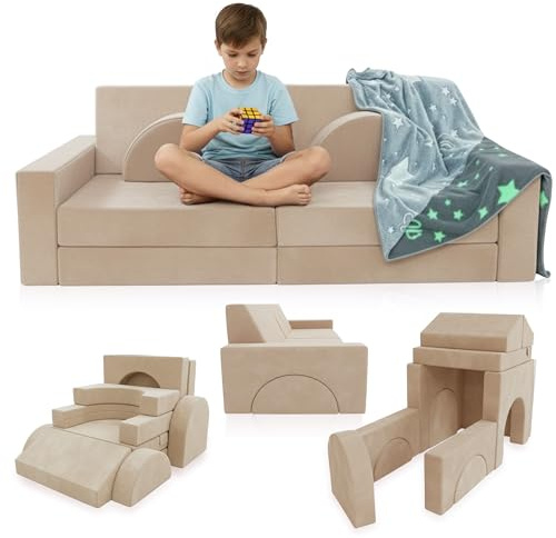 Cubby Couch 12-Piece Modular Kids Play Couch - Soft & Durable Toddler Couch with CertiPUR US Foam, Washable Covers - Playroom Furniture, Kids Sofa for Lounge, Living Room & Playroom - Cream
