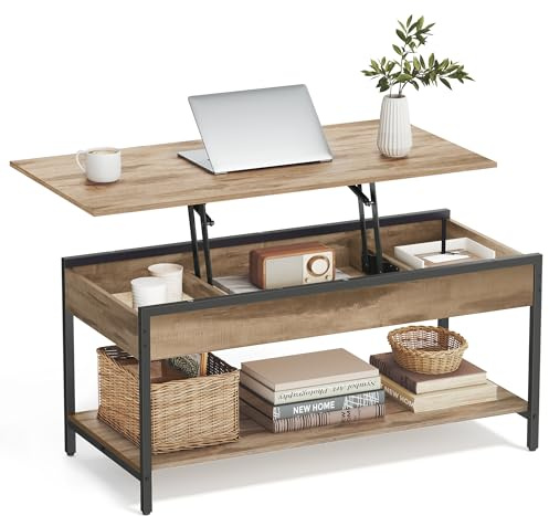 VASAGLE Mesa de Centro Elevable, Mesa de Salón con Almacenamiento Abierto y Compartimentos Ocultos, 50 x 100 cm, Marrón Camello y Negro Tinta LCT261LB02