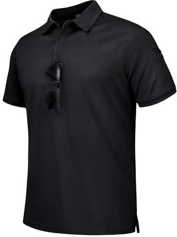 DEMEANOR Polo Shirts for Men Short Sleeve Tennis Sports Tactical Quick Dry Casual Athletic Polos Collared Shirt Black Large