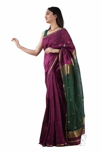 AKLEENA Women’s Cotton Saree with Contrast Border, Traditional Indian Saree for Festive & Daily Wear (Purple)