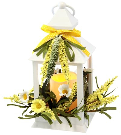 Lanterna decorativa bianca, 23 cm, con candela a LED, funzionamento a batteria, lanterna primaverile con mimose e fiori, decorazione pasquale per soggiorno, balcone, davanzale, decorazione autunnale