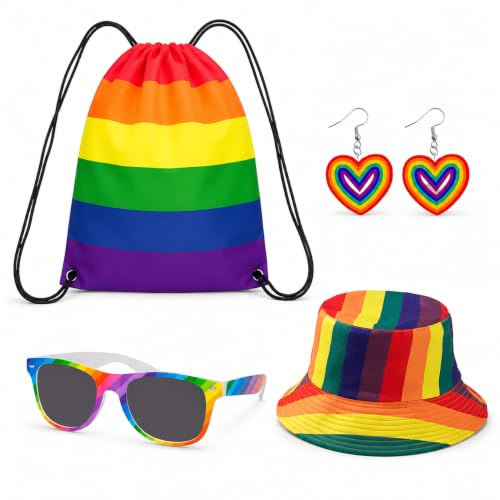 Gay Pride Accessories Women Set, Lgbt Drawstring Bag, Hat, Pride Sunglasses, Earrings Rainbow Accessories, Lesbian Gifts, Suitable for Pride Month, Music Festivals, Cosplay and Birthday Parties