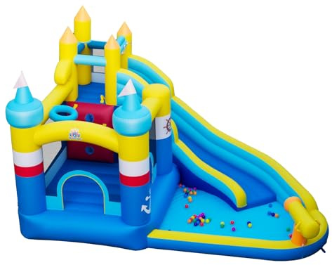 GOPLUS 6 en 1 Castillo Hinchable para Niños de 3-12 Años, Parque Acuático Infantil con Tobogán, Piscina, Trampolín, Canasta de Baloncesto y Cañón de Agua, Castillo Inflable para Interior y Exterior