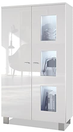 Vladon Vitrina Denjo, Cristalera con 2 Puertas y 3 Estantes de Cristal, Blanco Mate/Blanco de Alto Brillo, incluida iluminación LED (71 x 129 x 35 cm)