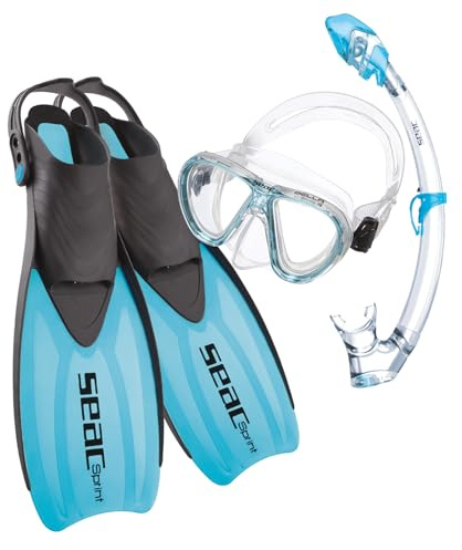 SEAC Set Sprint Dry Conjunto de Snorkeling con máscara de Buceo, esnórquel y Aletas de talón Abierto, para niños y Adultos, Juventud Unisex, Azul, 32/35
