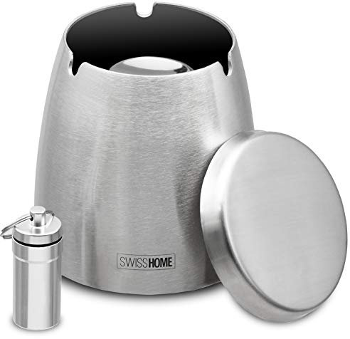 SWISSHOME - XL Windaschenbecher mit Deckel für Drinnen & Draußen inkl. Taschenaschenbecher
