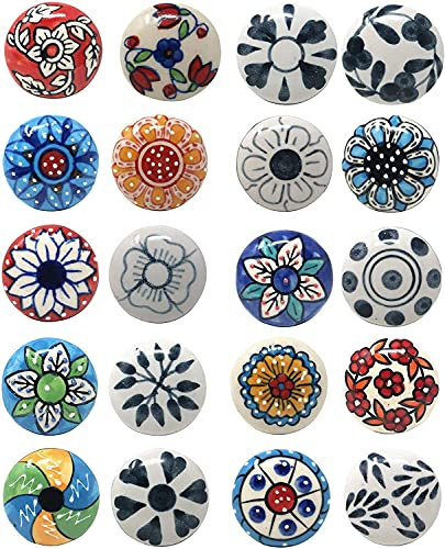 Ajuny Lot de 20 Boutons en Céramique Multicolores Vintage avec Motif Floral Poignées pour Placards Tiroirs et Meubles Solides pour Armoires de Cuisine Commodes Décoratifs Faits Main