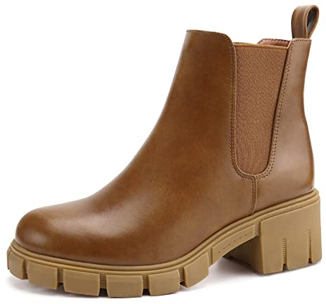 JABASIC Chelsea Boots pour femmes bottes à plateau élastiques à glisser (36,Marron)