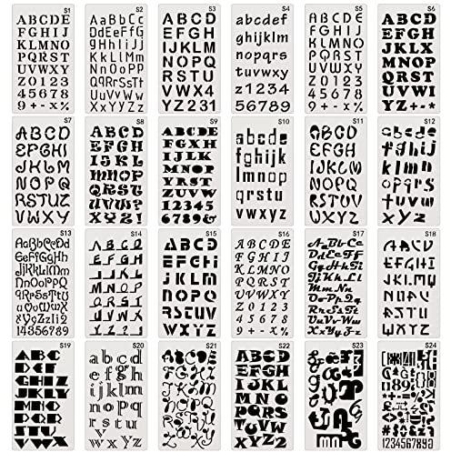 BLMHTWO 24 Stück Buchstabenschablonen, Schablonen Alphabet Wiederverwendbar 24 Schriftarten Schablonen Buchstaben Schablone Zeichnen für Zeichnungen Scrapbooking Einladungen Notizen