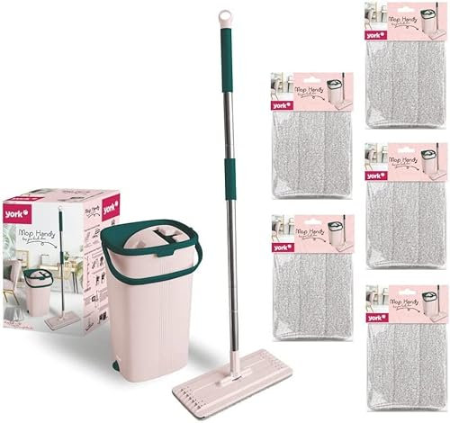 York Bodenwischer Mop Set Handy | Flach, Schwenkbar mit Zwei Kammer Putzeimer | Wischmopp mit Auswringfunktion | Nass-Trocken Reinigungs | Für alle Böden Geeignet | 5 Extra-Kartuschen