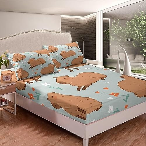 3D Capybara-Tier Spannbettlaken 120x200cm, Capybara-Tier Mikrofaser Bettlaken für Kinder Erwachsene, Boxspringbett Spannbetttuch bis 30 cm Matratzenhöhe, Bettlaken 120x200cm mit 1 x Kissenbezügen