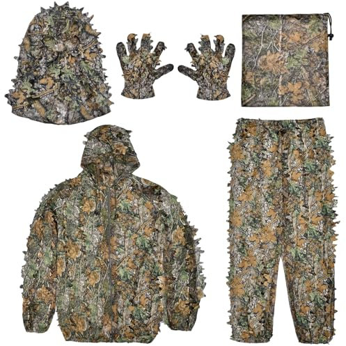 Morwealth 3D Ghillie Tarnanzug Dschungel Ghillie Suit, Leafy Suit für die Jagd, Jagdausrüstung einschließlich Jagdkleidung, Jagdhandschuhe, Leafy Gesichtsmaske und Tasche (S)