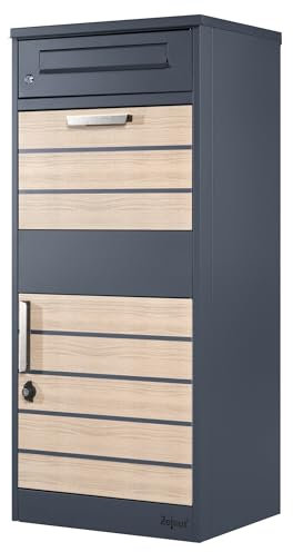 Zelsius Buzón para Paquetería en Acero con Recubrimiento de Polvo y Detalles Imitación Madera Terra | Color Gris Antracita | con Tope de Retorno Integrado | Buzón para Paquetes | Montaje al Suelo