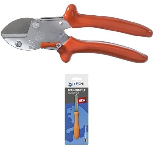 Original LÖWE Set bestehend aus Profi Amboss Gartenschere 5.107 zum Schneiden von Obstbaum, Apfelbaum oder Birnenbaum & Diamantfeile 0023 für Scheren, Äxte und Werkzeuge