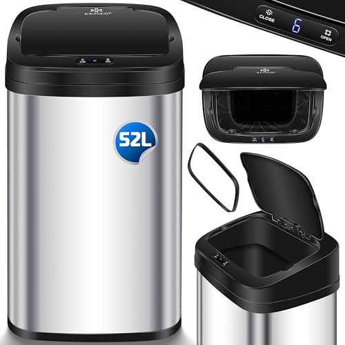 KESSER® Pattumiera con sensore da Cucina, Automatica, con sensore di Movimento, con Pannello Touch e sensore, Display LCD, in Acciaio Inox, Argento - 52 Litri