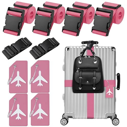 4 Stück Koffergurt & 4 Stück Kofferanhänger & 2 Stück Fügen Sie Eine Tasche Gepäckgurte Hinzu, Kofferband Gurt, Einstellbare Kofferbänder, Auffällig Luggage Strap für Koffer (Rosa)