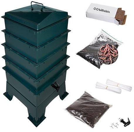 Billiebin | Lombricomposteur 4 Plateaux Kit Complet | 150gr de vers de Compost | Substrat de démarrage + Bloc de Coco + Accessoires | Intérieur, Balcon et Jardin (Vert)