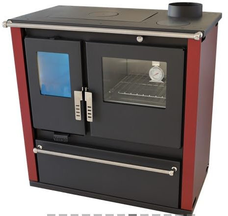 Estufa de leña Verso Cs Plus Inox con 7,7 kW de potencia, gran compartimento para hornear y diseño robusto de acero inoxidable [paneles laterales en burdeos]