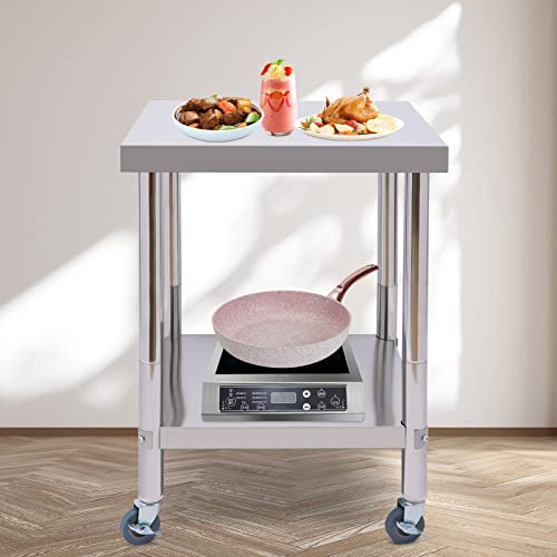 Mesa de trabajo de cocina de acero inoxidable, carro de servicio de postre con ruedas, 60 x 60 cm, 2 niveles, carga máxima: 300 kg, apta para cocinas, hoteles, panaderías, restaurantes de blanch