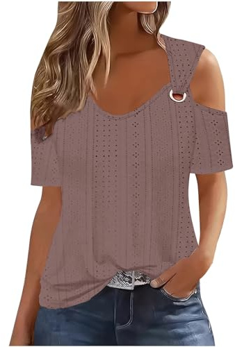 Uwdiohq Bluse E Camicie Primavera Parti Superiori di Estate per Le Donne 2024 Spalla Fredda Manica Corta Magliette Solido Anello Casual Hollow Top Camicie di Base Tees Abbigliamento per