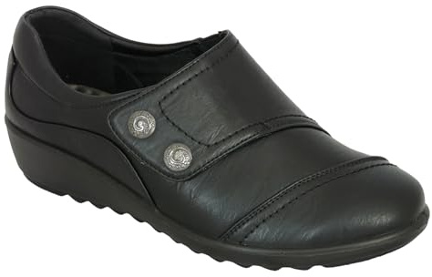 Cushion Walk Wide Fitting EEE Fit Black Shoes Women's Ladies Lightweight Faux Leather Slip-on Flats, Casual Work Office Comfort Shoes, with Double Button Detail (8 UK, Black)