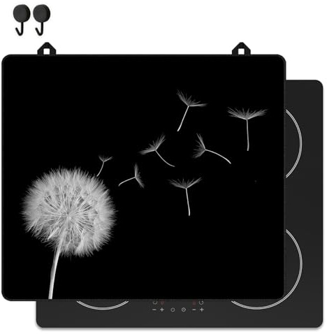 KitchyMist Herdabdeckplatte Pusteblume - Zwart Wit - 60x52 cm - Kochfeld Abdeckung - Induktionsschutz - Küchen-Spritzschutz
