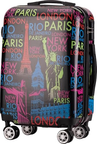 Xonic Design Reisekoffer - Hartschalen-Koffer mit 360° Leichtlauf-Rollen - hochwertiger Trolley mit Zahlenschloss Polycarbonat in M-L-XL oder Set (Neon Cities, M)