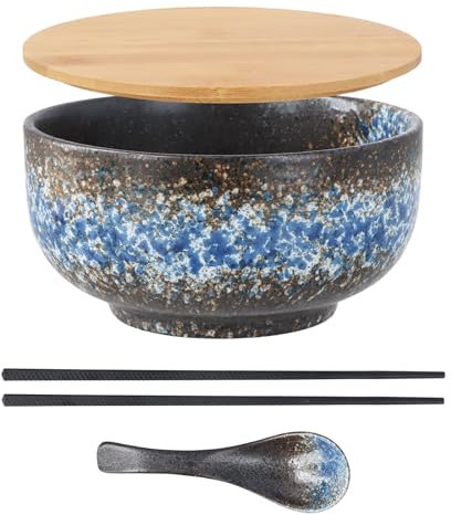 Focenat Ramen Bowl De Cerámica, 1500ML Ensaladera grande, Tazón de Ramen Japonés con Palillos y Cuchara, Cuencos de Cereales, Cuencos de Sopa, Juego de Tazones de Cerámica para Desayuno, Pasta