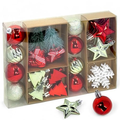 MIJOMA 22-teiliges Mini-Christbaumschmuck-Set – Bruchfeste Weihnachtskugeln und Christbaumanhänger, ideal für Adventskranz & Gestecke – Rot, Silber, Hellgrün, Weiß, 4-5cm