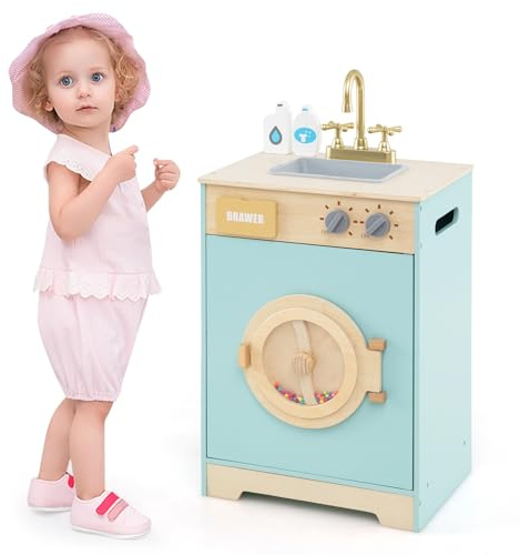 COSTWAY Machine à Laver en Bois Enfant avec Évier et Robinets et Boutons Rotatifs, Jouet de Blanchisserie Enfant avec Porte Transparent & Son de Linge, 2 Détergent, Jouet Éducatif pour 3 Ans+