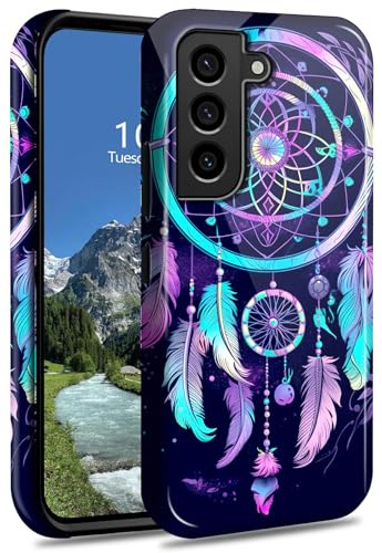DIGTIALL Coque de téléphone pour Samsung Galaxy S22 6,1 pouces double couche hybride rigide PC et silicone coque de protection robuste antichoc pour Samsung Galaxy S22, attrape-rêves arc-en-ciel