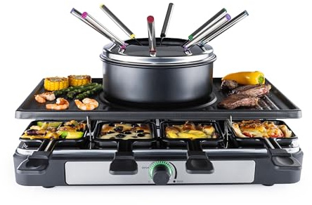 GOURMETmaxx 2-in-1 Raclette mit Fondue | Raclette Set 8 Personen – ideal als Partygrill | Raclette-Fondue-Kombination mit je 8 Pfännchen, Spateln, Fonduegabeln | Raclette mit Fondue-Set mit Fonduetopf