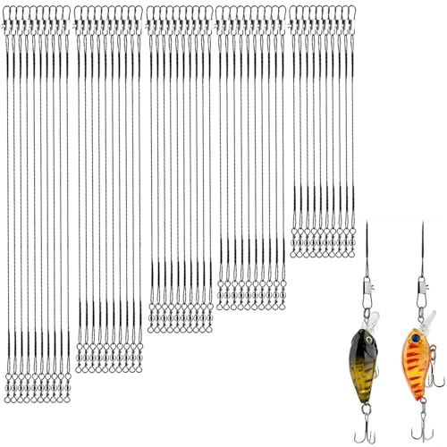 50 Pcs Stainless Steel Wire Fishing Leaders - 5 Size 10cm 15cm 20cm 25cm 30cm Anti-Bite Pike Traces with Swivels & Snaps for Freshwater/Saltwater Lure Fishing