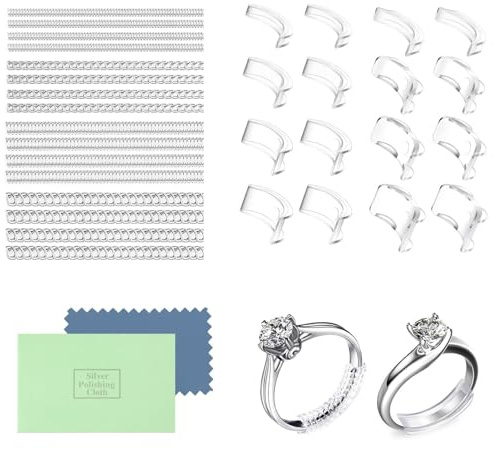 Dupoem 33 Pièces Disque de Réglage Invisible pour Bagues, Ajusteur de Taille pour Bagues Surdimensionnées, Réducteur de Bague Transparent avec Chiffon de Polissage pour le Port de Bijoux