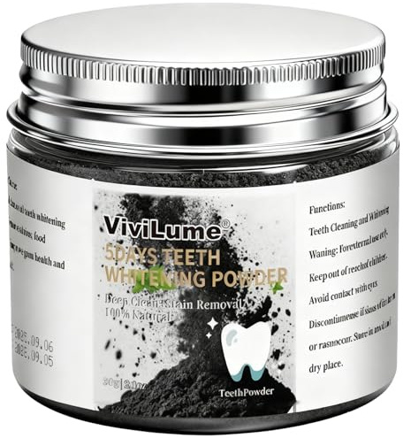 ViviLume Teeth Whitening Powder with Activated Charcoal, for Deep Cleaning & Stain Removal, Natural Formula to Whiten Teeth, Fight Coffee, Tea Stains, Enamel Safe, Mint Flavor, 30g/1.1oz