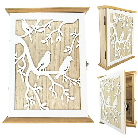 Caja Llaves Pared Madera, Elegante Daisy Madera Armario Llaves Vintage Colgador Llaves 26 × 20 × 6cm con 6 Ganchos Puede Almacenar y ArtíCulos PequeñOs Adecuado para Entradas (PáJaro Blanco)