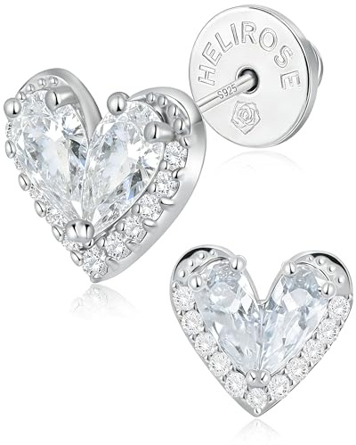 Heart Earrings for Women, 14K Gold Plated 925 Sterling Silver Heart Stud Earrings, Hypoallergenic Earrings for Sensitive Ears, Gift Box & Message Card, Birthday & Mothers Day Gifts (White-Silver)