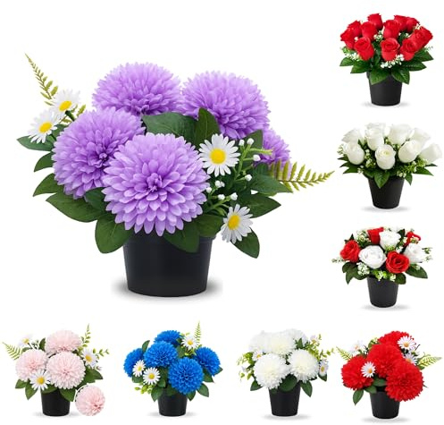 Artificial Grave Flowers in Pot – 12 Daisies Heads | Weatherproof Memorial Decoration | Realistic Cemetery Flower Arrangement for Outdoor Use | 25cm High | Long-Lasting Tribute Display (Purple)