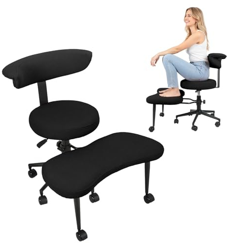 Awjaisca Ergonomischer Kniestuhl mit gekreuzten Beinen und um 360° drehbarer einziehbarer Fußstütze – Verstellbarer Heimbürostuhl hochdichtem Schwammkissen, Lordosenstütze, Armlehnen atmungsak