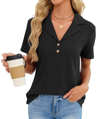 Wesafrae Camisas de Corta para Mujer, Blusas Informales de Negocios, Camisas con Cuello en V, Blusas de Punto Acanalado, Blusas Ajustadas, Atuendos de Verano. Negro S