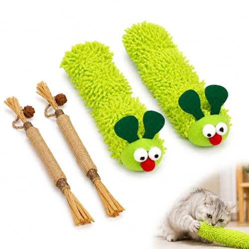 Set di giocattoli per gatti premium, inclusi bruchi di peluche e bastoncini di vite argentati, kit di pulizia dentale e anti-stress, ideale per gattini e gatti interni, set di 4 pezzi