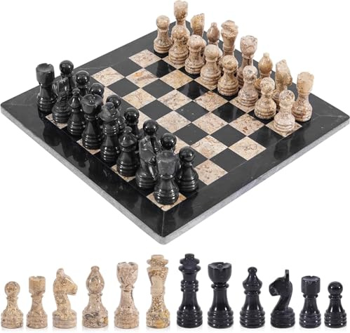 Premium handgjord schackset i svart och korall marmor 12 tum – lyxigt schackbräde och delar för vuxna, 2 spelare strategispel och heminredning | Svart och korall marmor, handgjord, naturlig marmor vener, lyxig dekor, elegant gåva, 32 schackfigurer