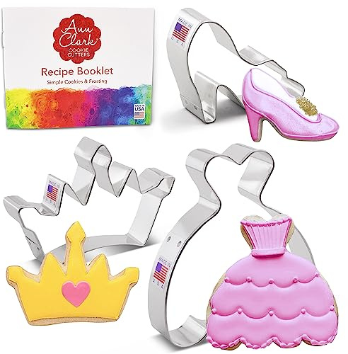 Ann Clark Princess Cookie Cutters 3-Pc Set Made in USA, Crown, Dress, Glass Slipper