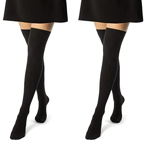 sockenkauf24 2 Paar Overknee Strümpfe Damen Kniestrümpfe Baumwolle 10723 (2 x Schwarz 35-38)